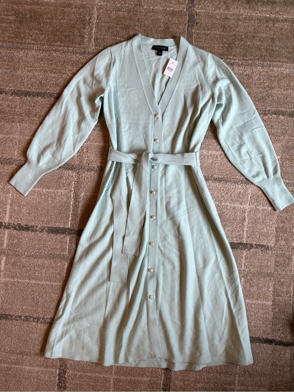 Ann Taylor Button-Front Mint Green Midi Sweater Knit Dress with Waist Tie NWT